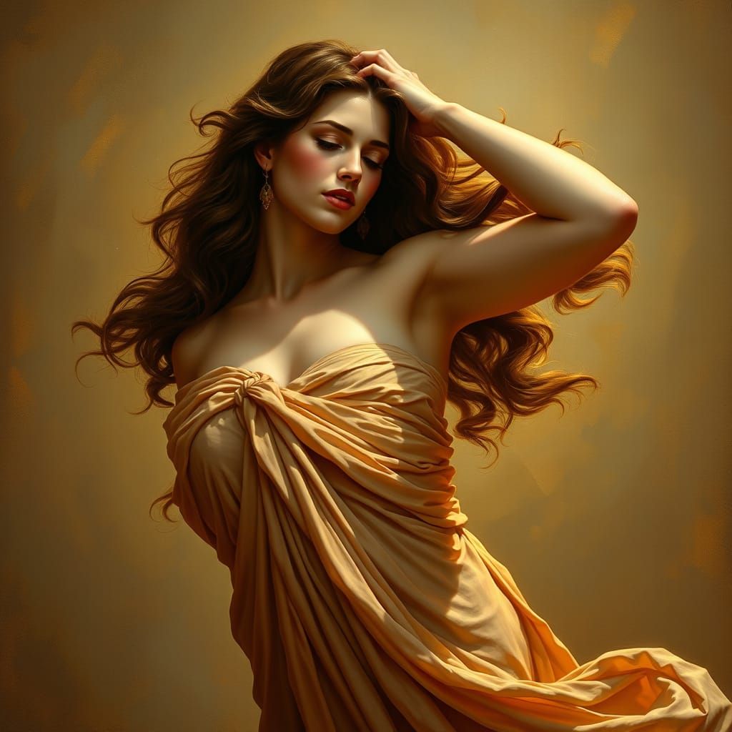 Brunette Venus in Flowing Gown: Sensual Matte Painting