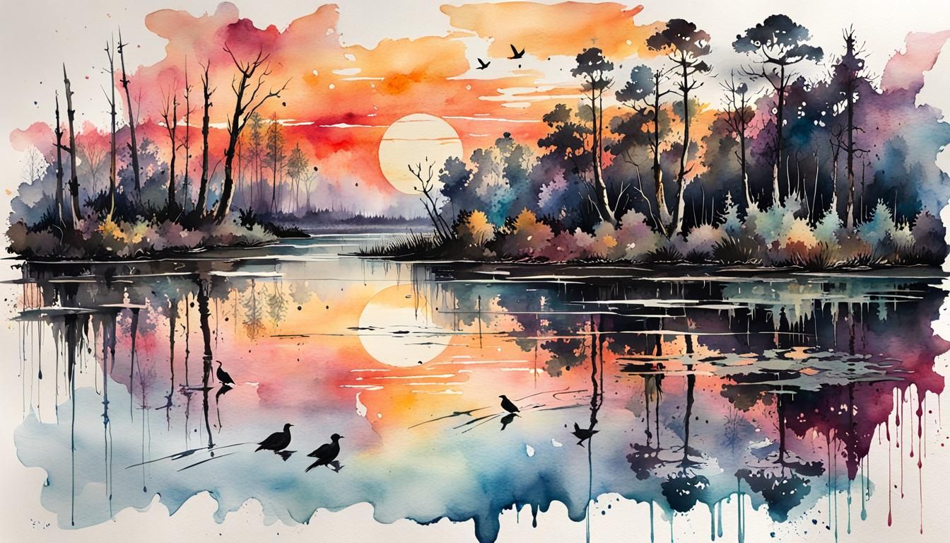 Ethereal Watercolor Swamp Sunset with Birds