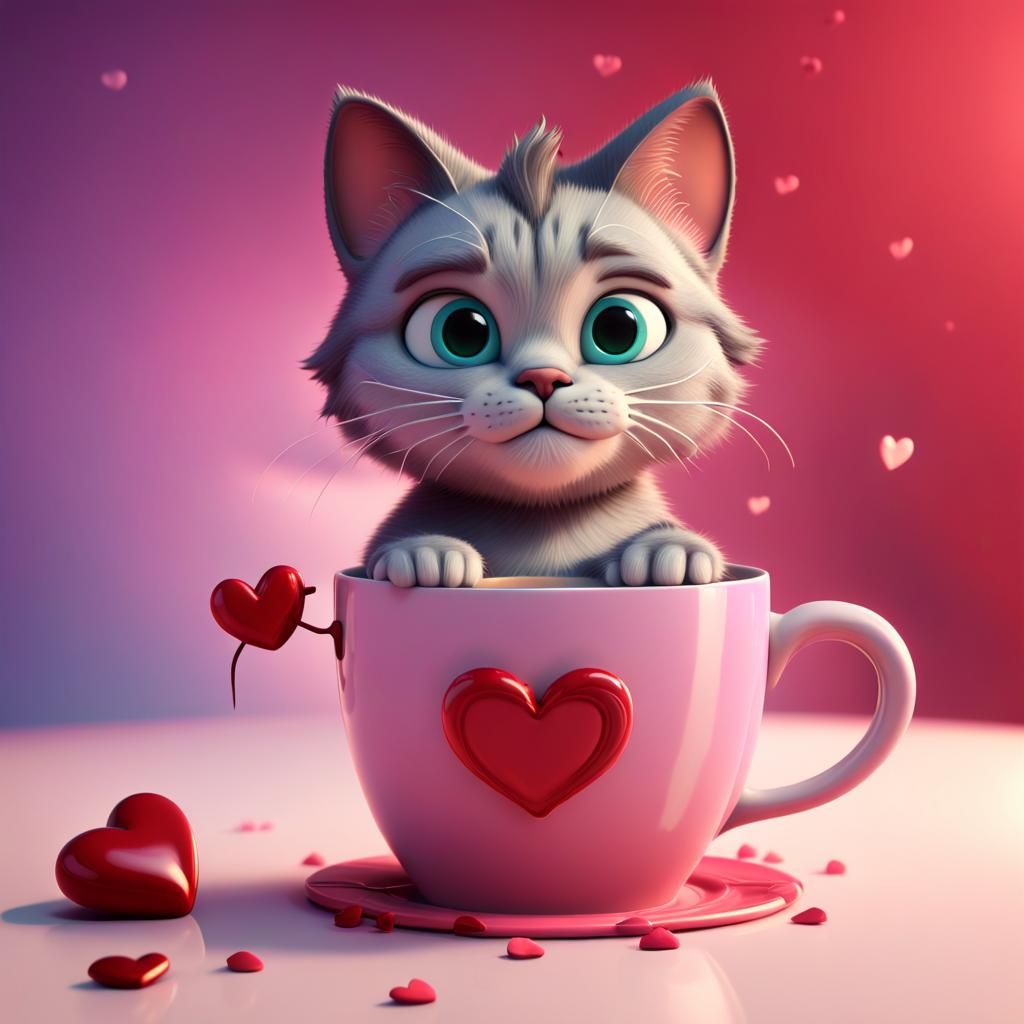 Valentine Cat in Coffee Cup: 3D Digital Art