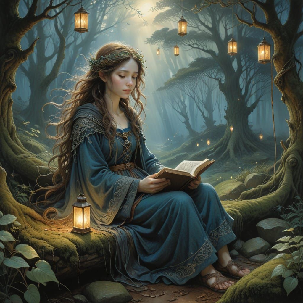 Serene Young Woman in Mystical Forest Glade