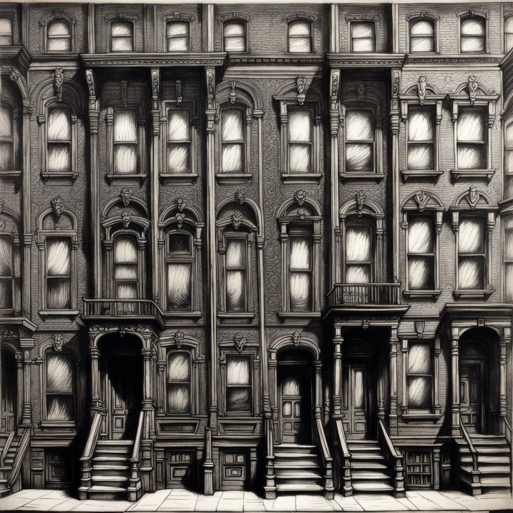 Hyperdetailed Tenement Charcoal Drawing, 1910 Lower East Sid...