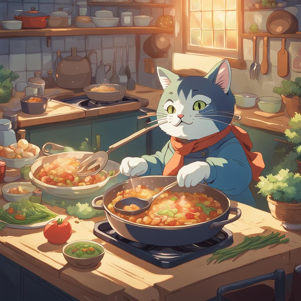 Anthropomorphic Cat Chef Cooking, Ghibli-esque Anime
