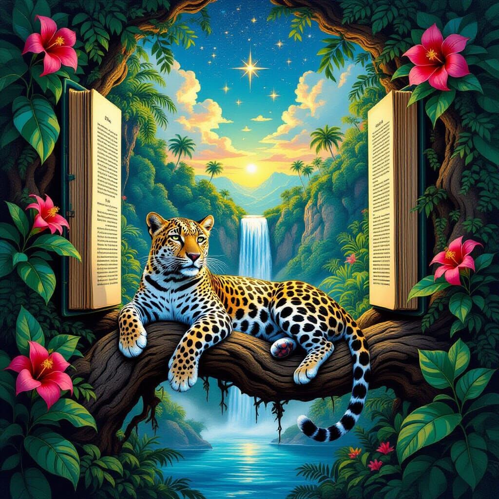 Leopard in Surreal Portal with Waterfall, Dali-Inspired Art