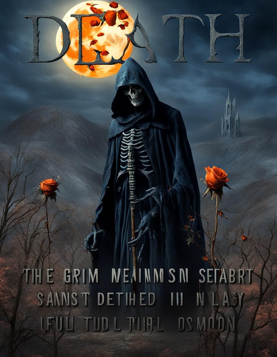 Grim Reaper in Gothic Landscape with Withered Rose