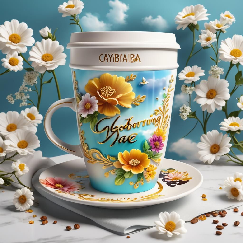 Coffee Cup Logo with Flowers in 3D Render