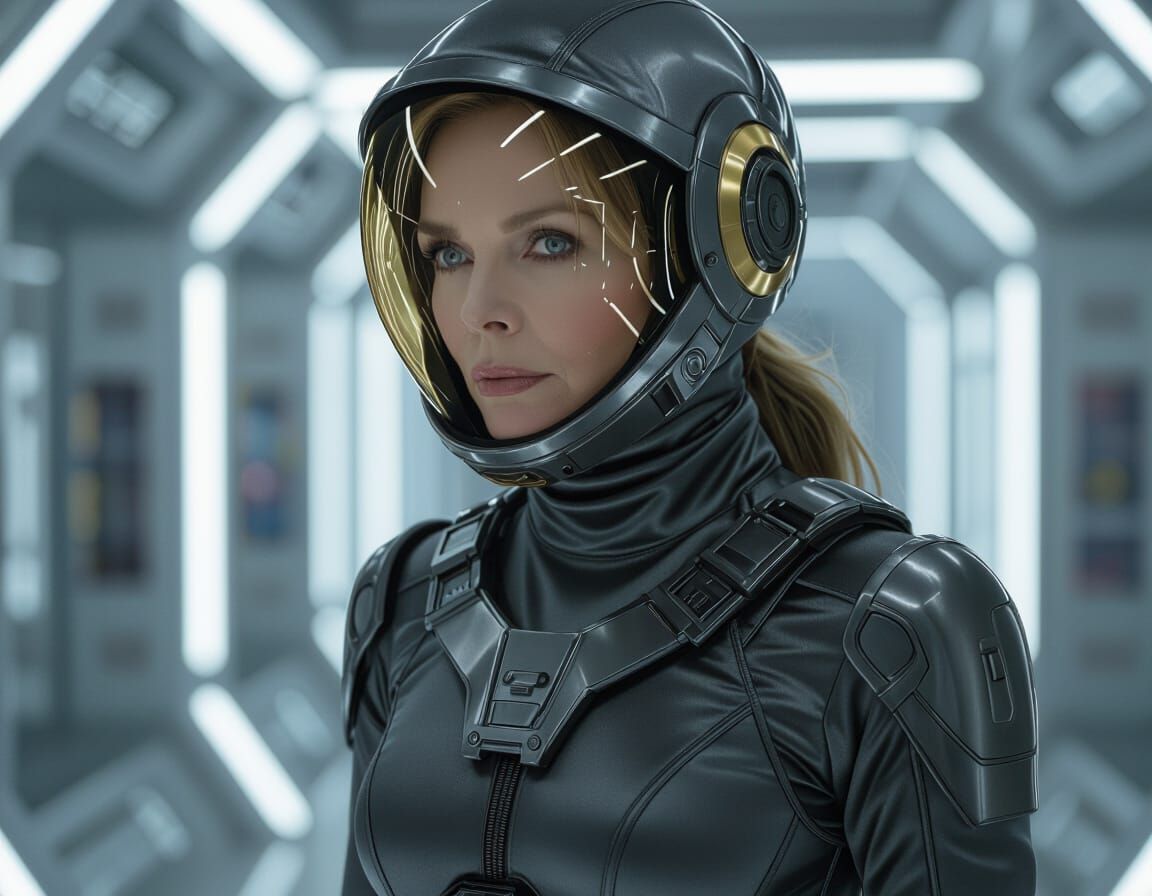Michelle Pfeiffer in Futuristic Spacesuit with Mechanical Ex...