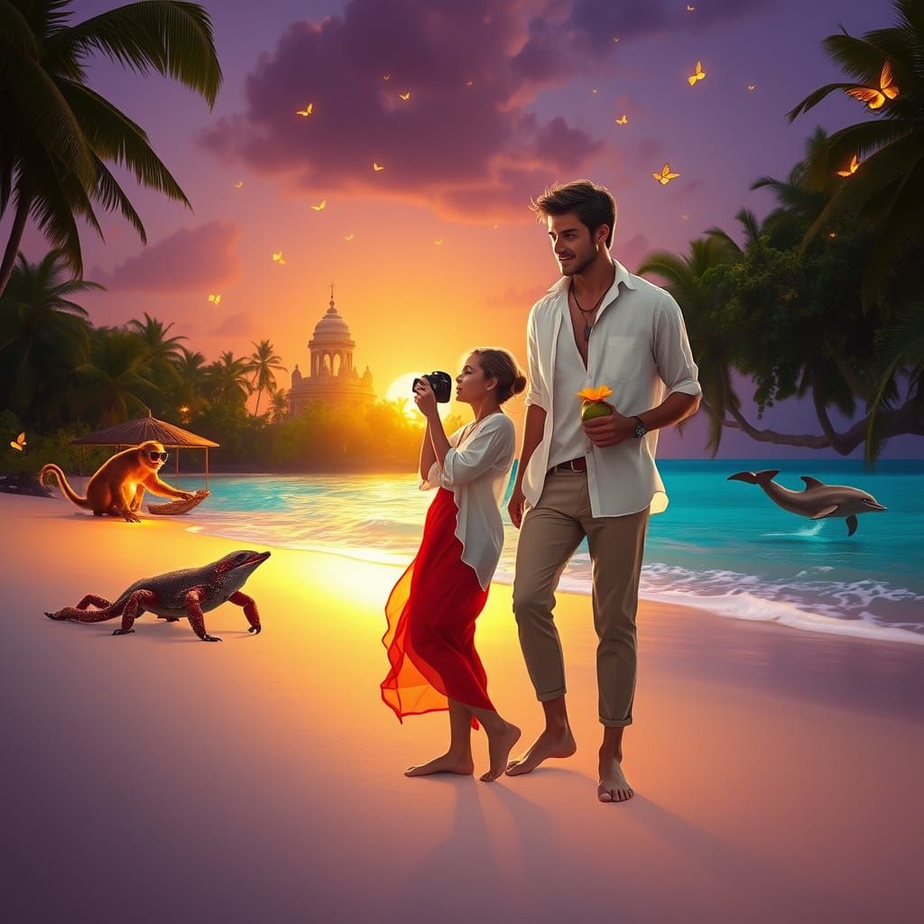 Tropical Sunset Paradise with Bioluminescent Details