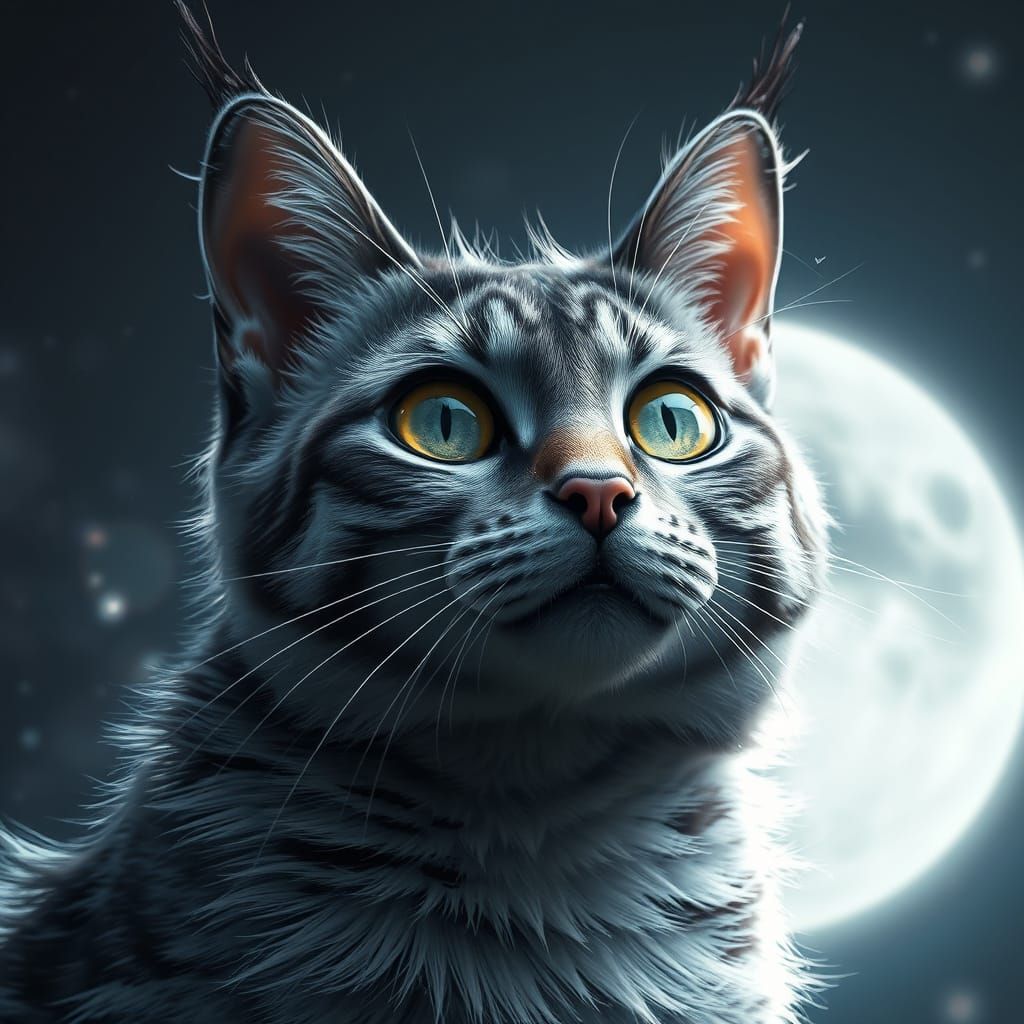 Whimsical Silver Black Cat Moonlight Portrait