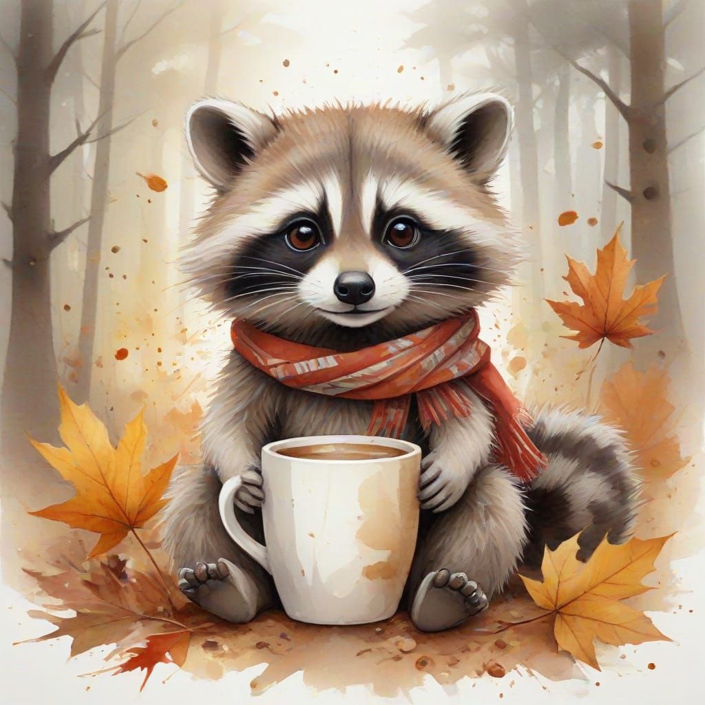 Chibi Raccoon in Autumn Forest with Steaming Mug