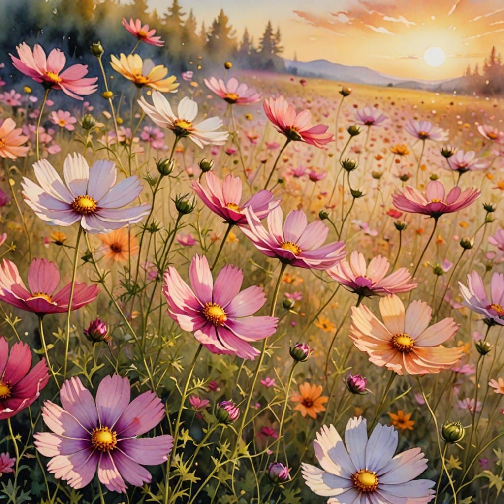 Dreamy Cosmos Field in Romantic Watercolor Style