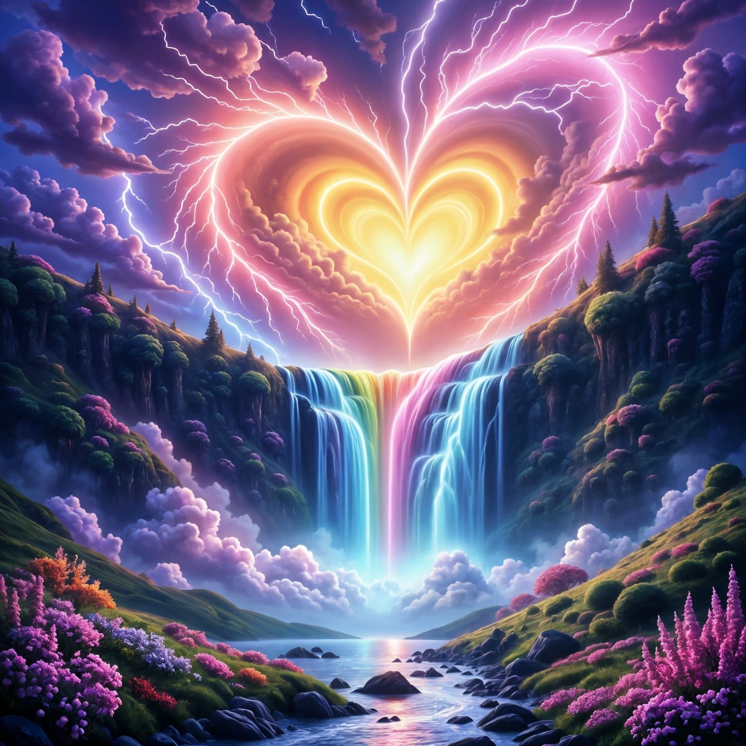 Heart Lightning Over Rainbow Waterfall in Dreamcore Style