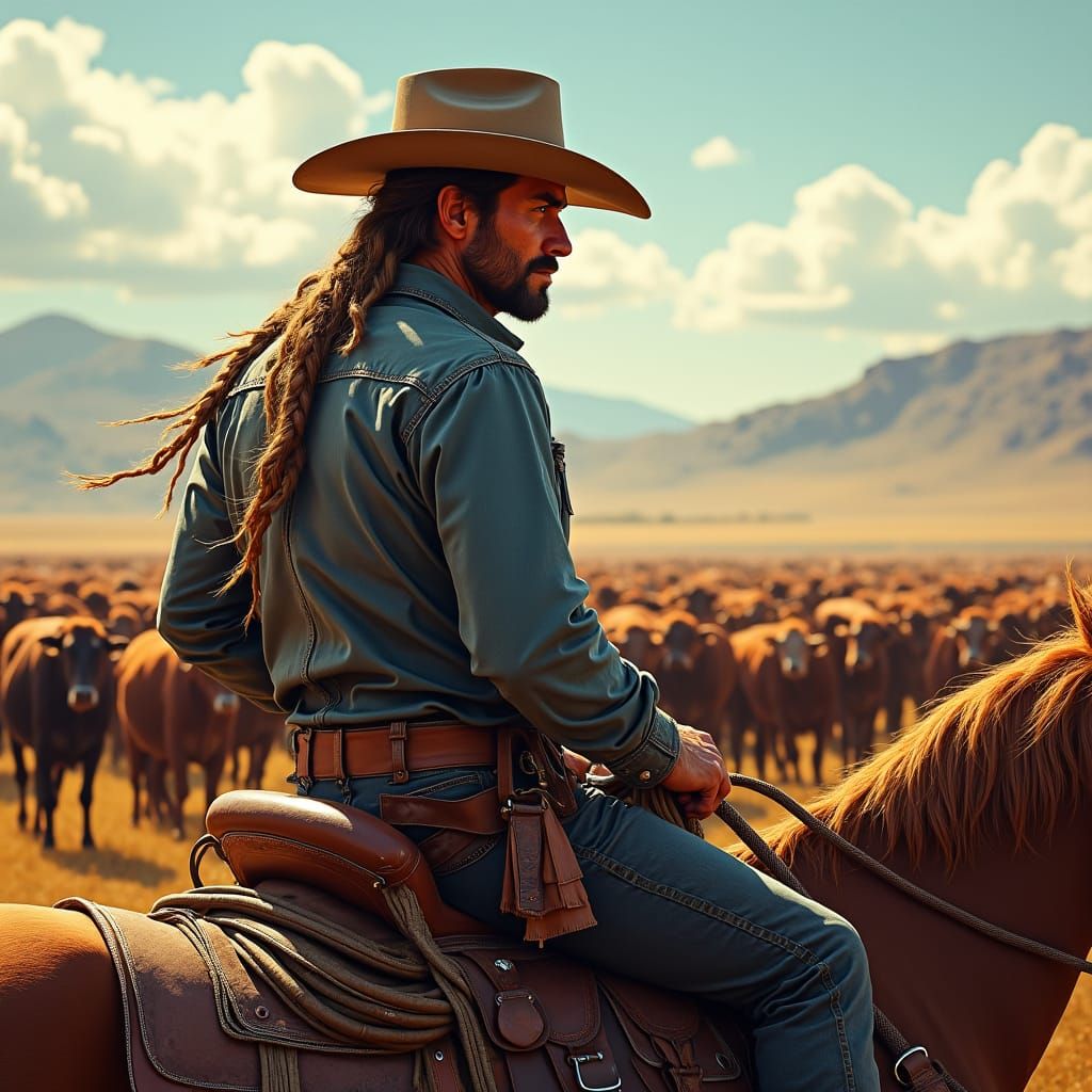Weathered Cowboy and Cattle Herd, Hyperrealistic Art