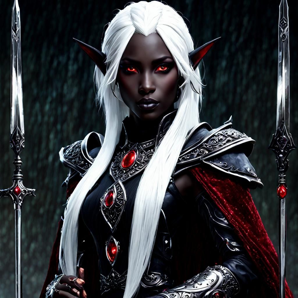 Ethereal Drow Woman with Crimson Eyes