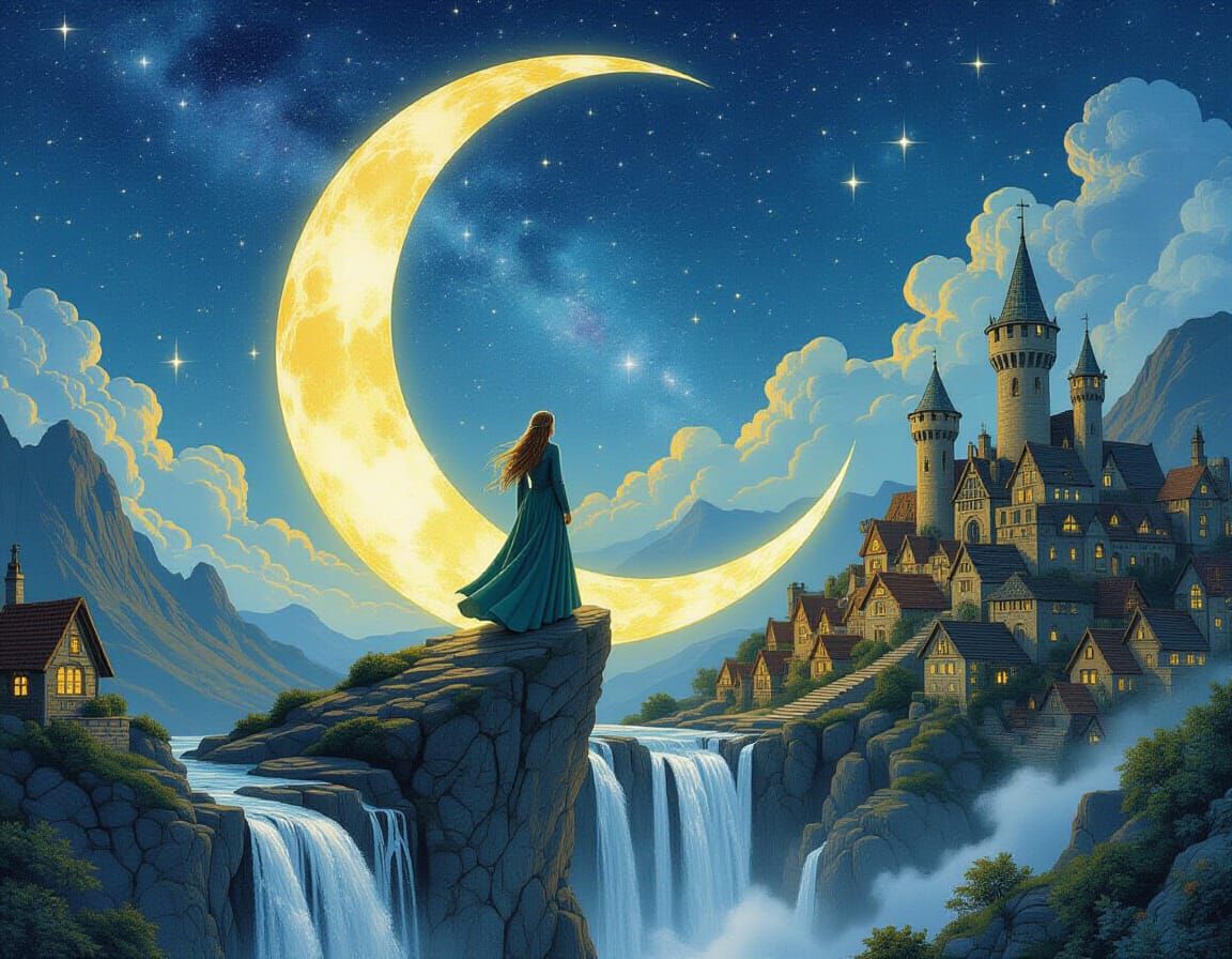 Highland Elf on Crescent Moon in Dreamlike Scene
