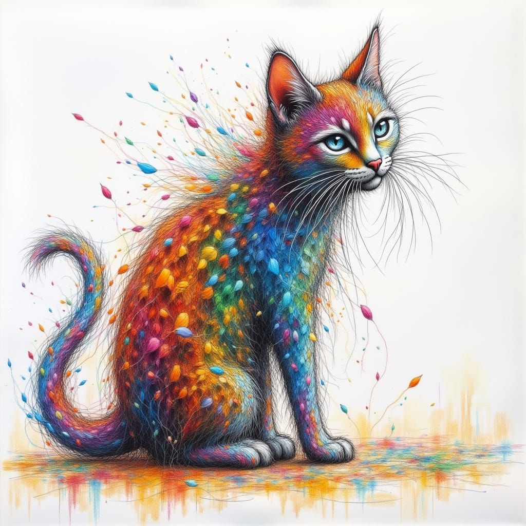 Child's Cat Drawing Comes to Life in Swirling Graphite