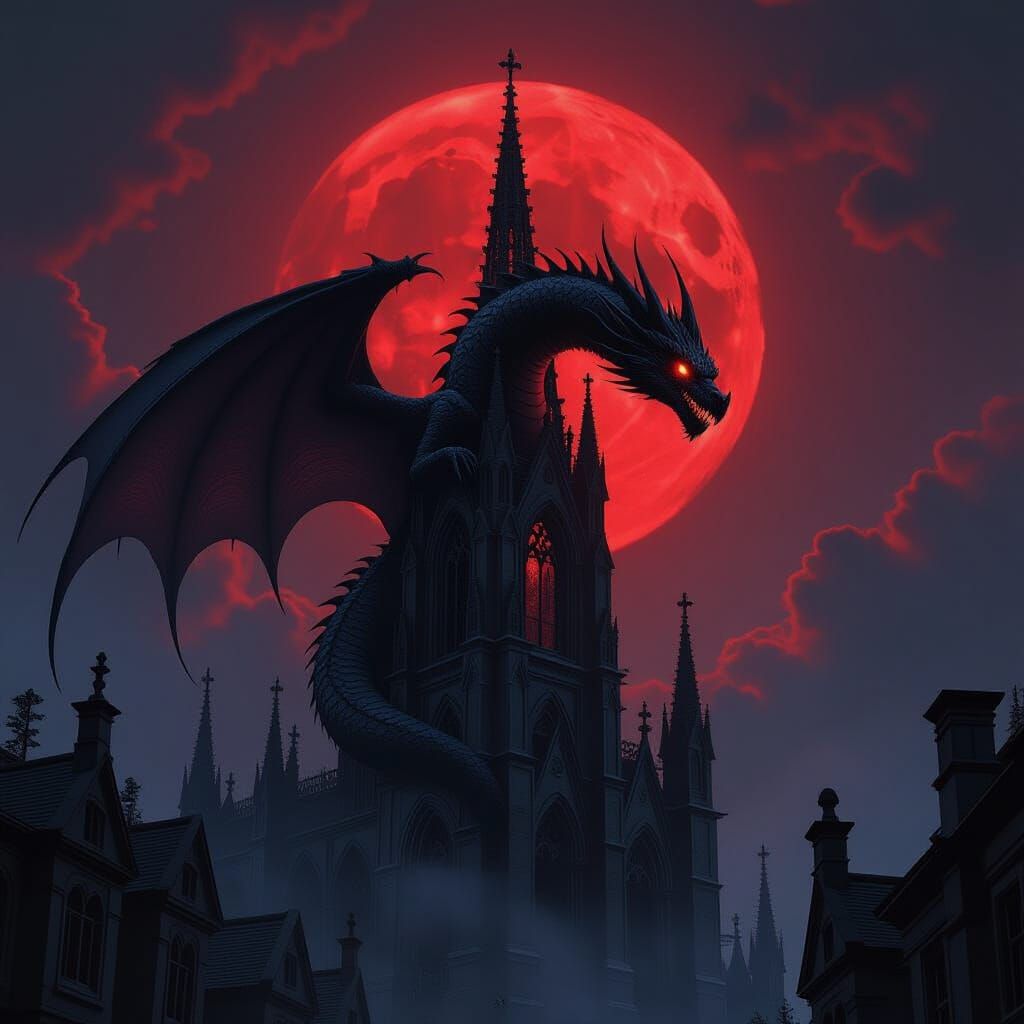 Shadow Dragon Coiled on Cathedral Spire Under Blood Moon