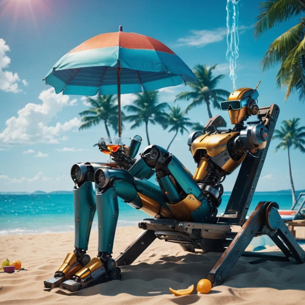 A robot on vacation at the beach drinking an oil cocktail, relaxing on a lounger and wearing sun glasses,   high resolut...