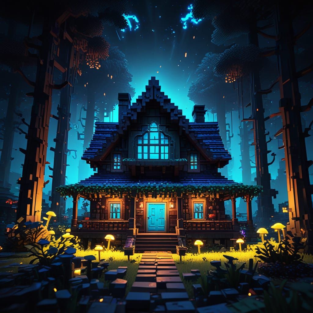 Vibrant Fantasy House in a Glowing Forest, in 8-bit Minecraf...