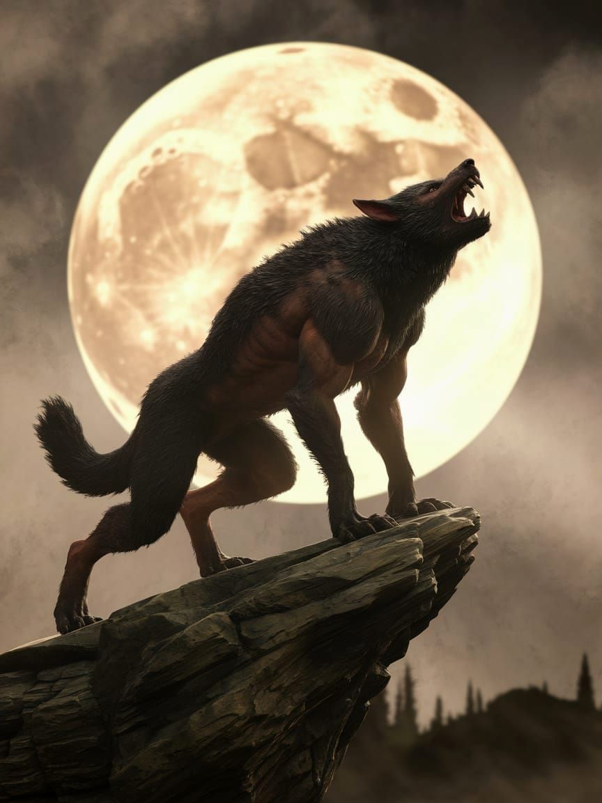 Werewolf Howling at Harvest Moon in Hyperrealism