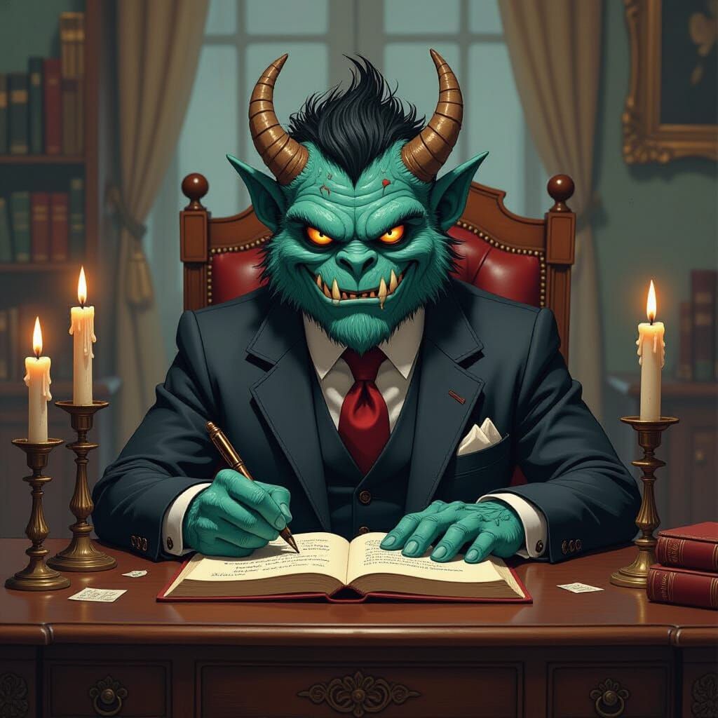 Monster Poet at Vintage Desk, Gorey-esque Art