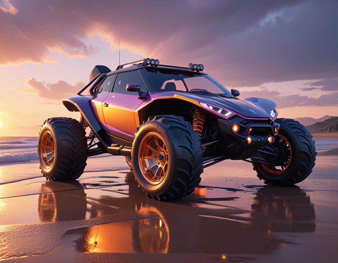 Futuristic Dune Buggy Blazing Across Sunset Beach