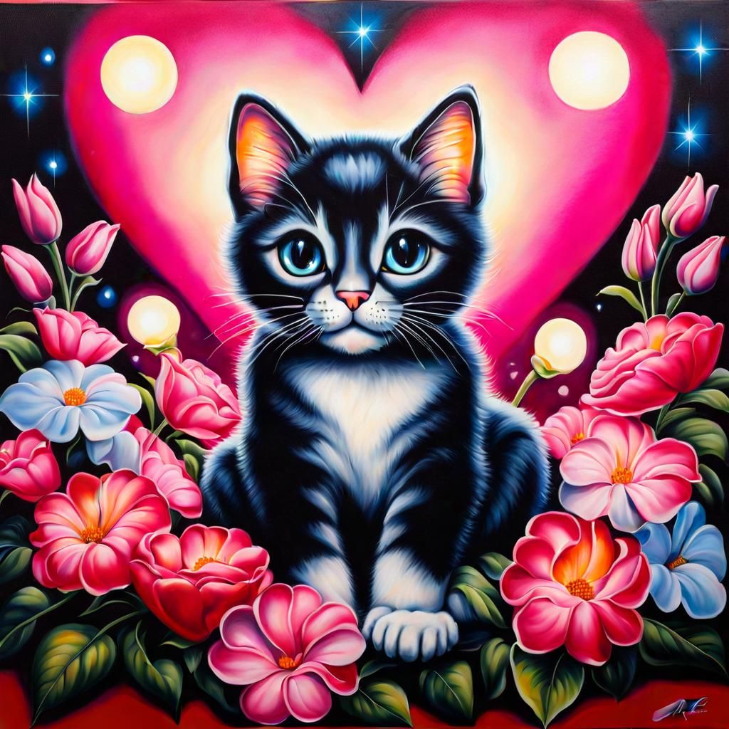Surreal Cat Portrait with Flowers and Heart Lights