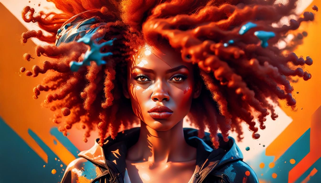 Red Afro Portrait in Hyperrealistic Splash Art Style