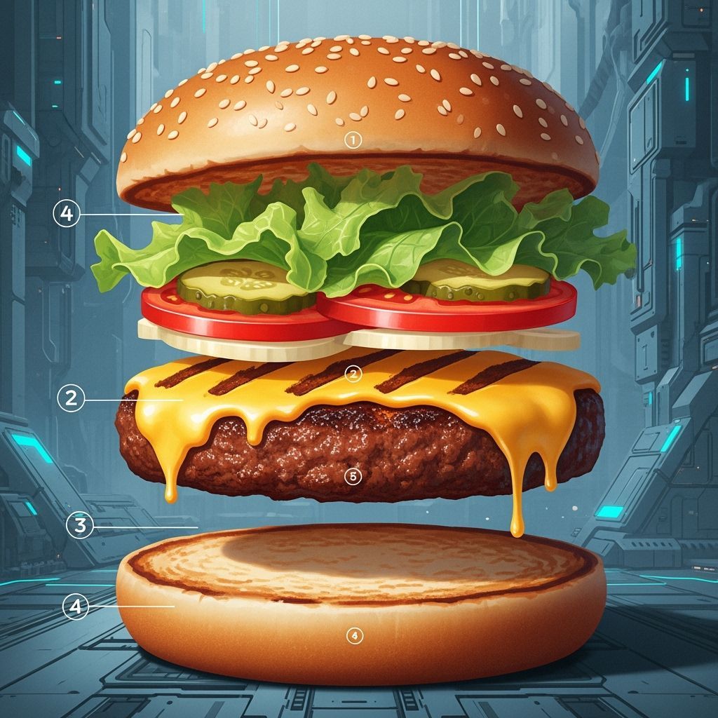 Cheeseburger Cross-Section in Retro-Futuristic Style