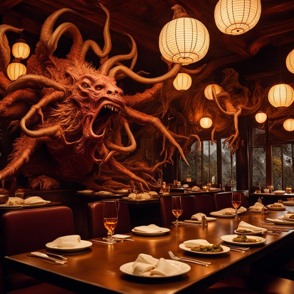 Macabre Body Horror Monster in Wasteland Restaurant
