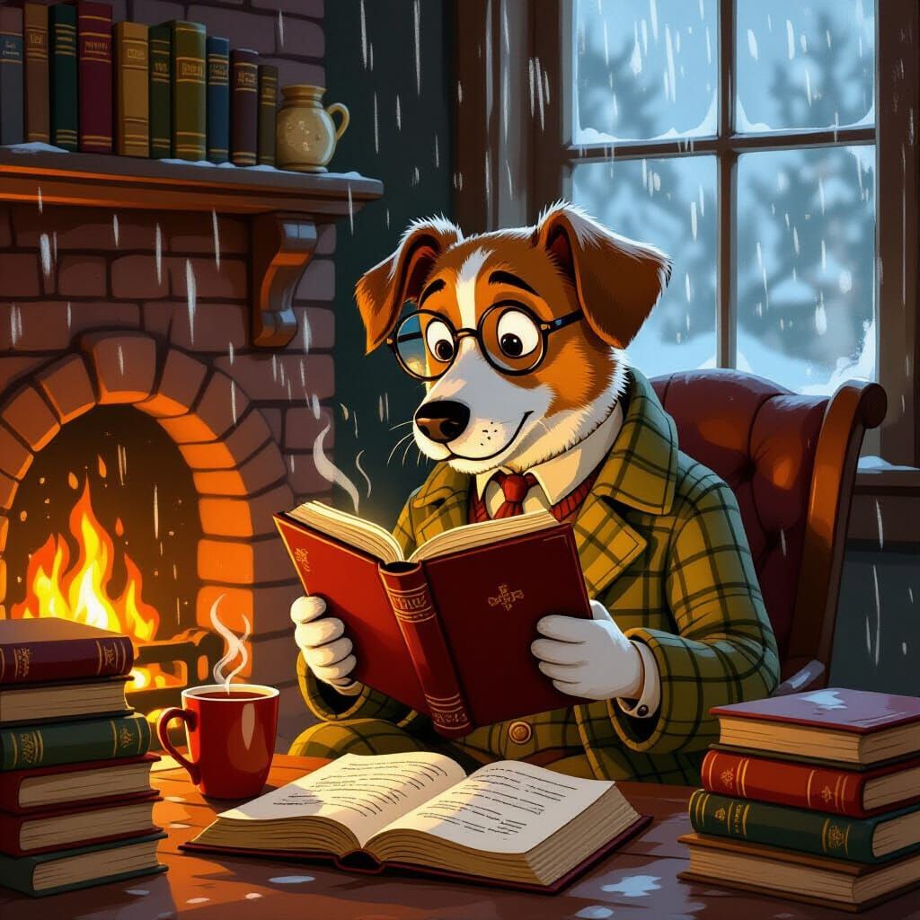 Dog Scholar Reads by Firelight in Vintage Style