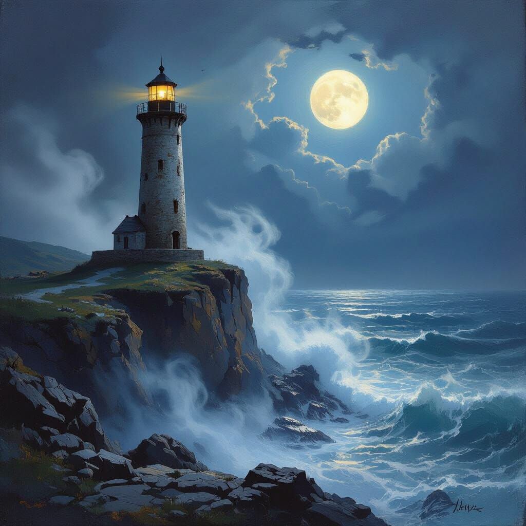Ancient Lighthouse on Moonlit Sea, Turner Style