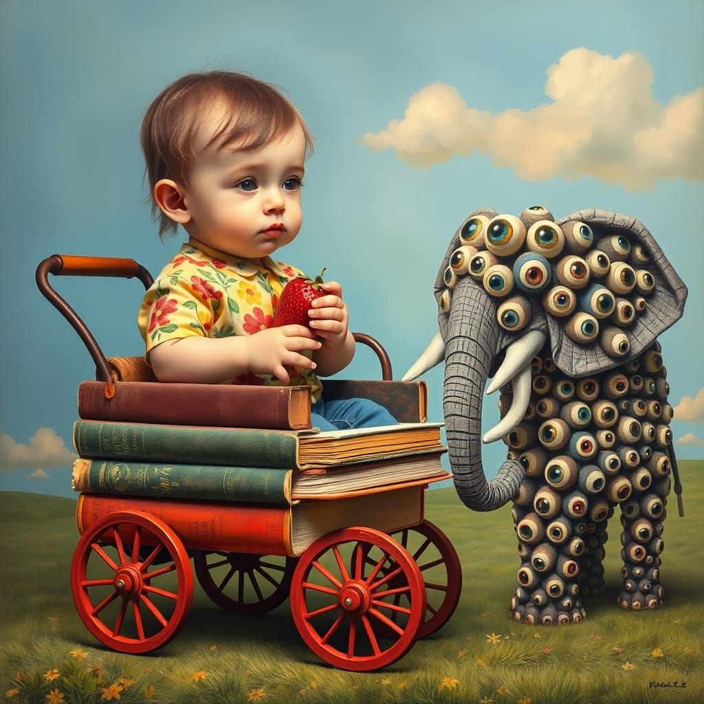 Surreal Impasto Scene of Child in Book Carriage with Elephan...