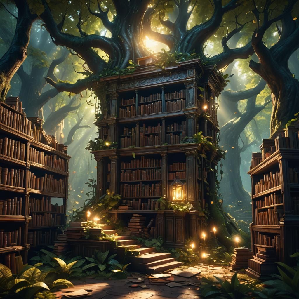 Enchanted Library Hidden in Forest, Fantasy Concept Art