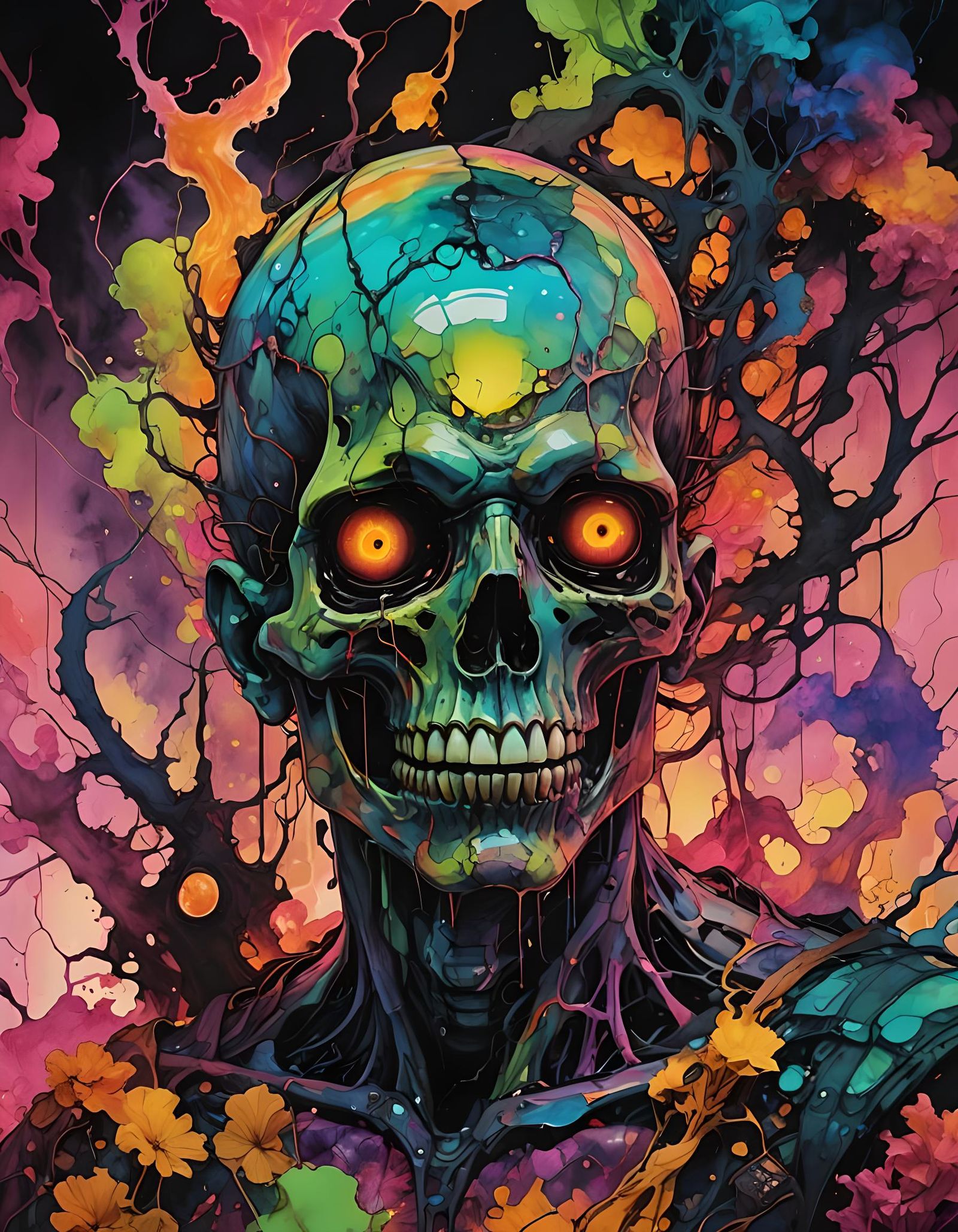 Glowing neon horror: chiaroscuro, alcohol inks, The Mico, Beeple, dramatic