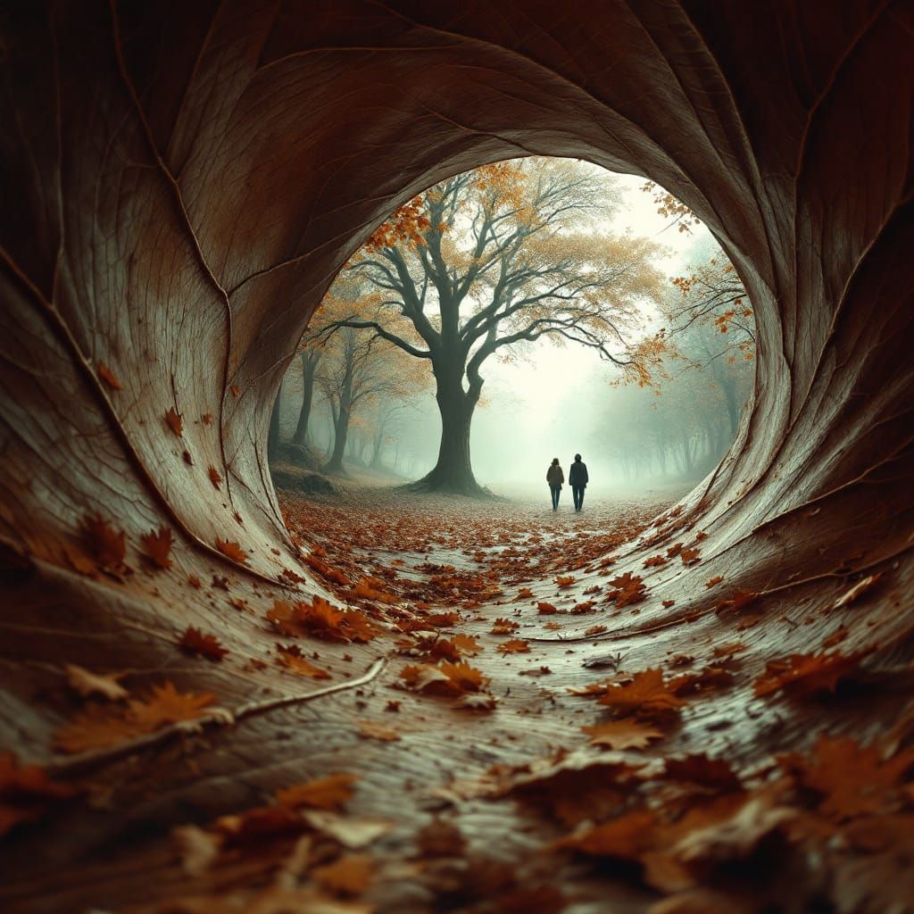 Autumn Forest View Through Fallen Leaf Tunnel
