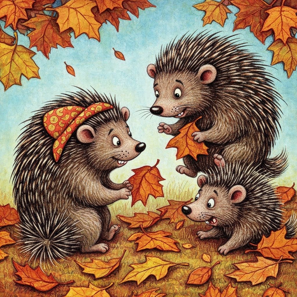 Whimsical Baby Porcupines in Autumn Patchwork Style