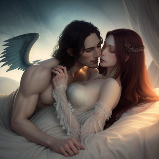 Romantic Incubus Embracing a Woman: Fantasy Art