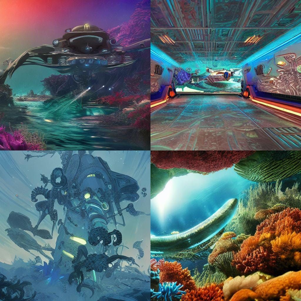 Hyperrealistic Underwater Alien Base with Spacecraft