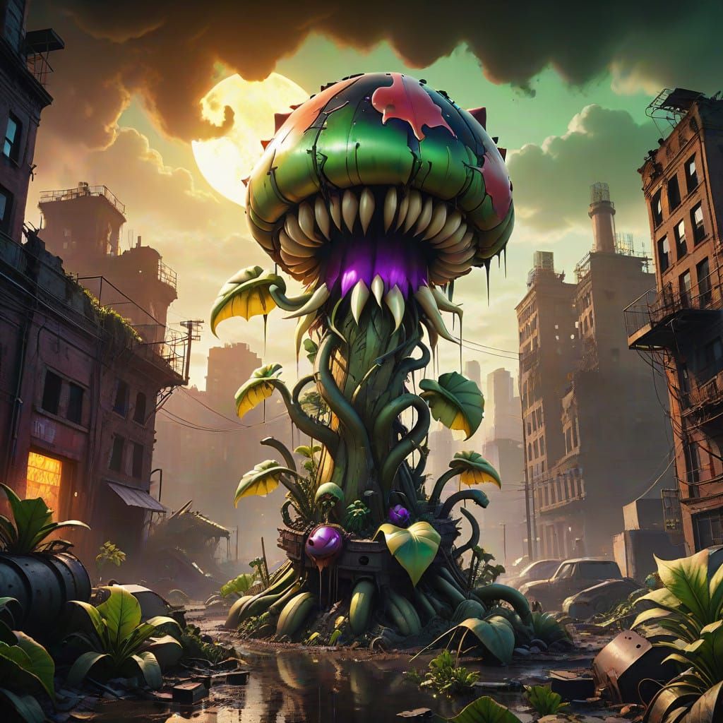 Apocalyptic Piranha Plant Devourer of Worlds in Cyberpunk St...
