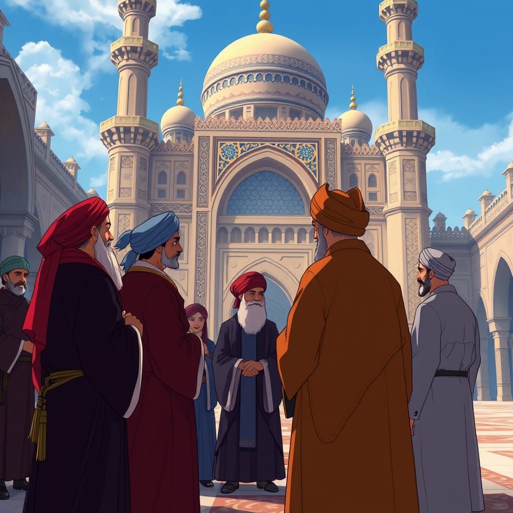 Medieval Scholars in Majestic Mosque Courtyard