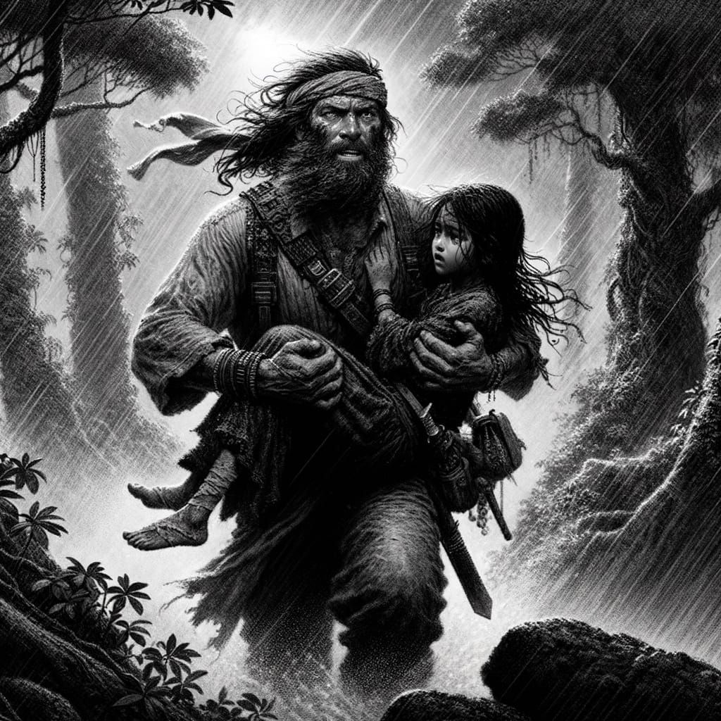 Warrior Rescuing Girl: Detailed Graphite Pencil Sketch