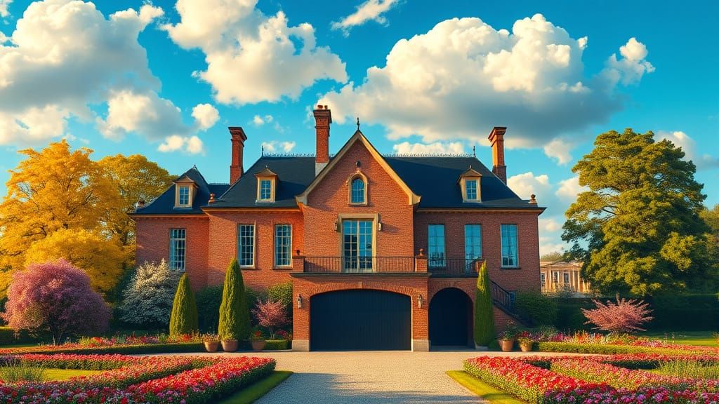 Grand Brick Chateau Amidst Colorful Trees and Gardens