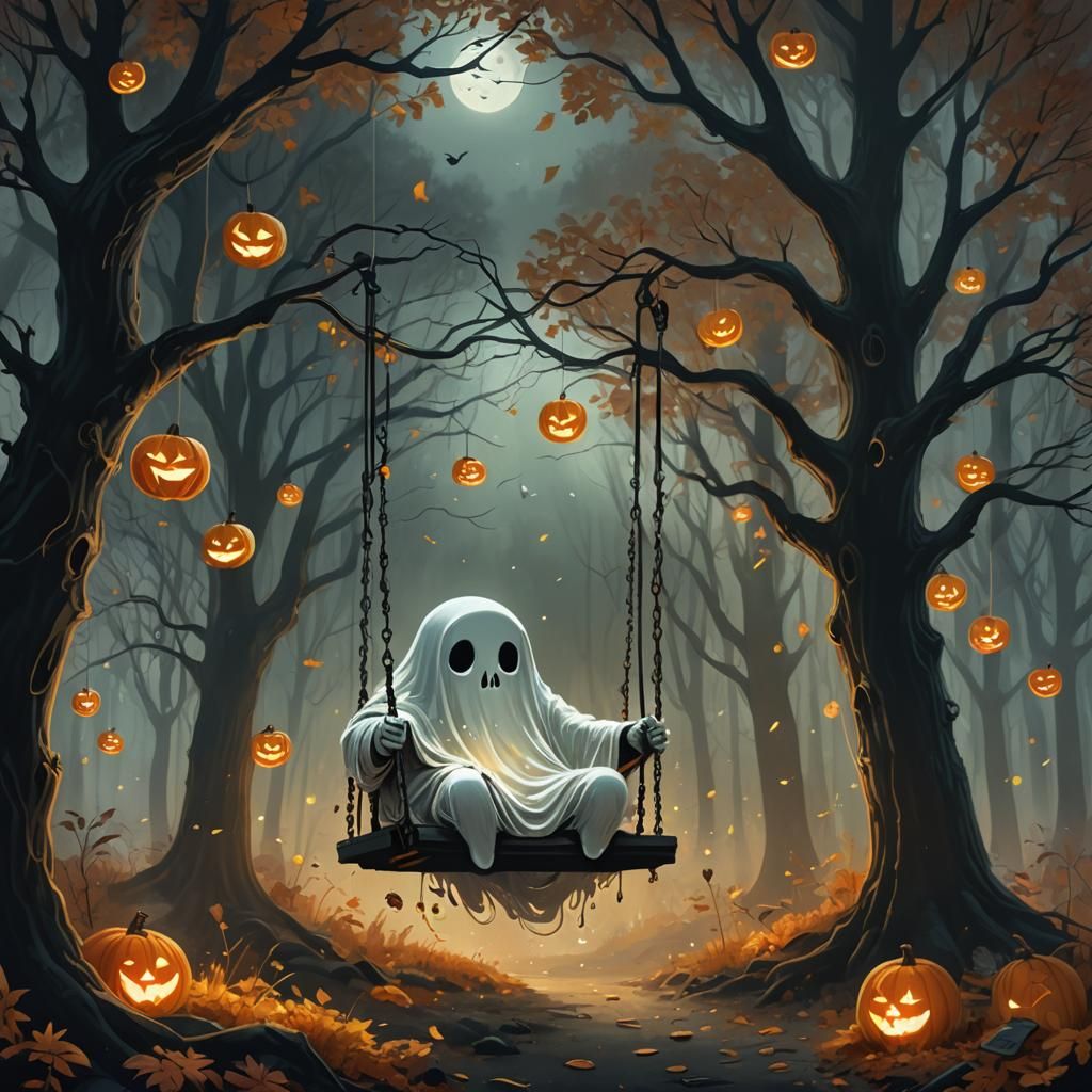 Ghost on Swing in Autumn Forest at Night