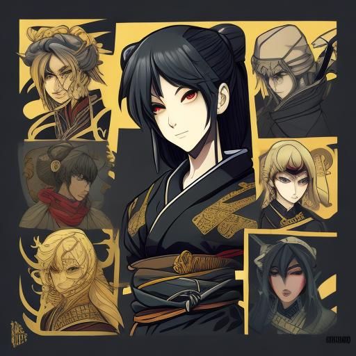 Anime Warrior Girl in Black and Gold Kimono