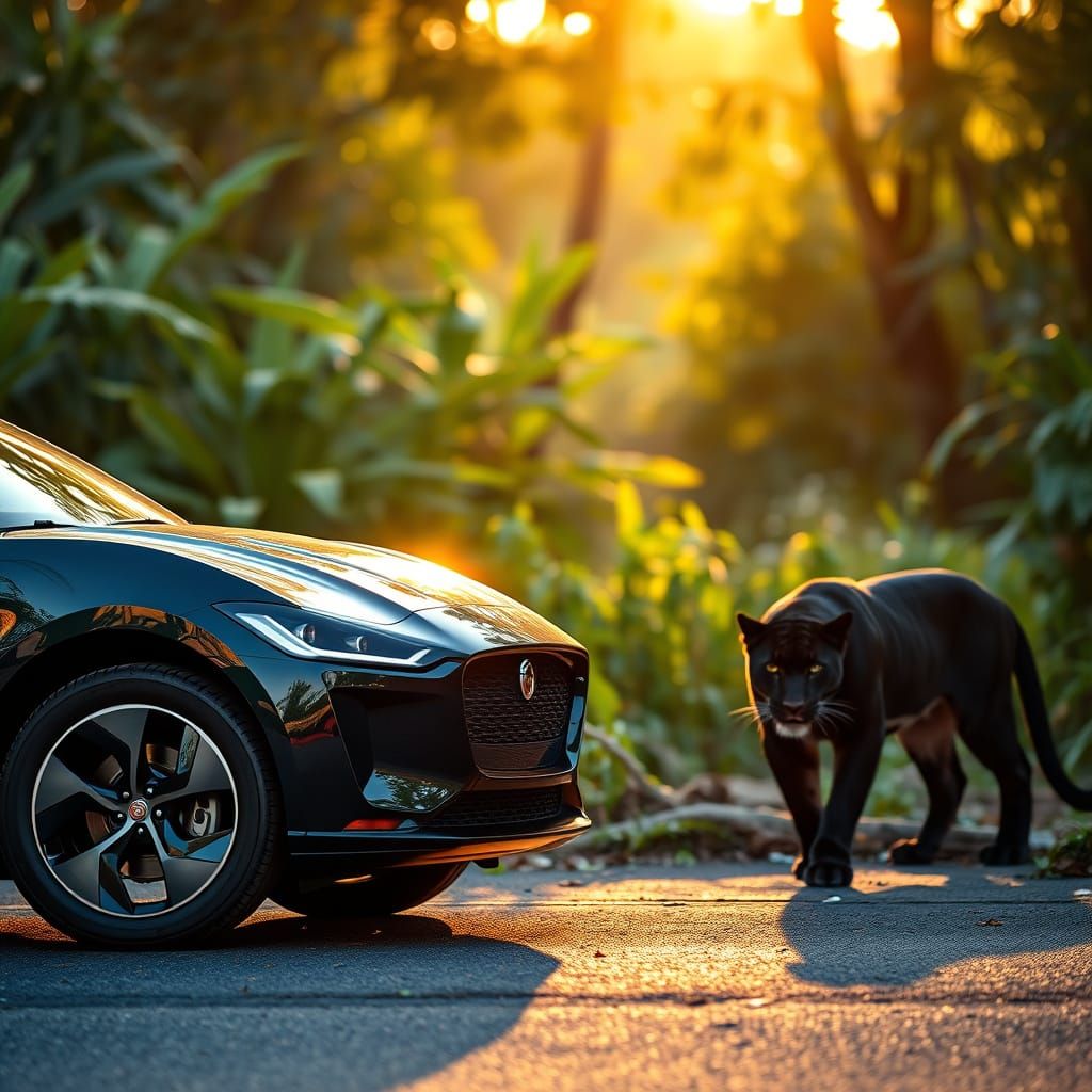 Jaguar I-PACE and Black Jaguar in Lush Jungle
