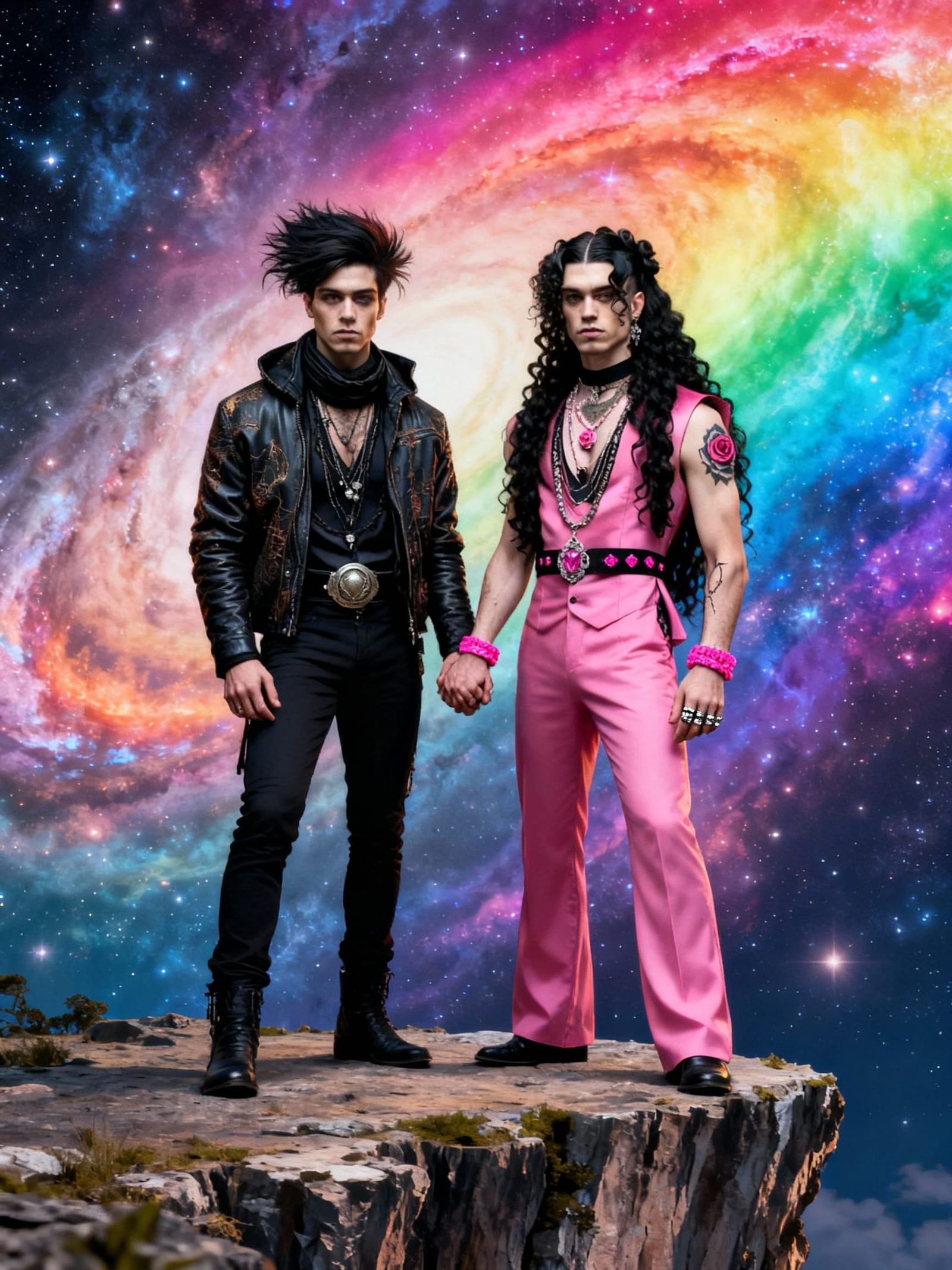 Gay Romance on Cliff with Cosmic Rainbow Galaxy
