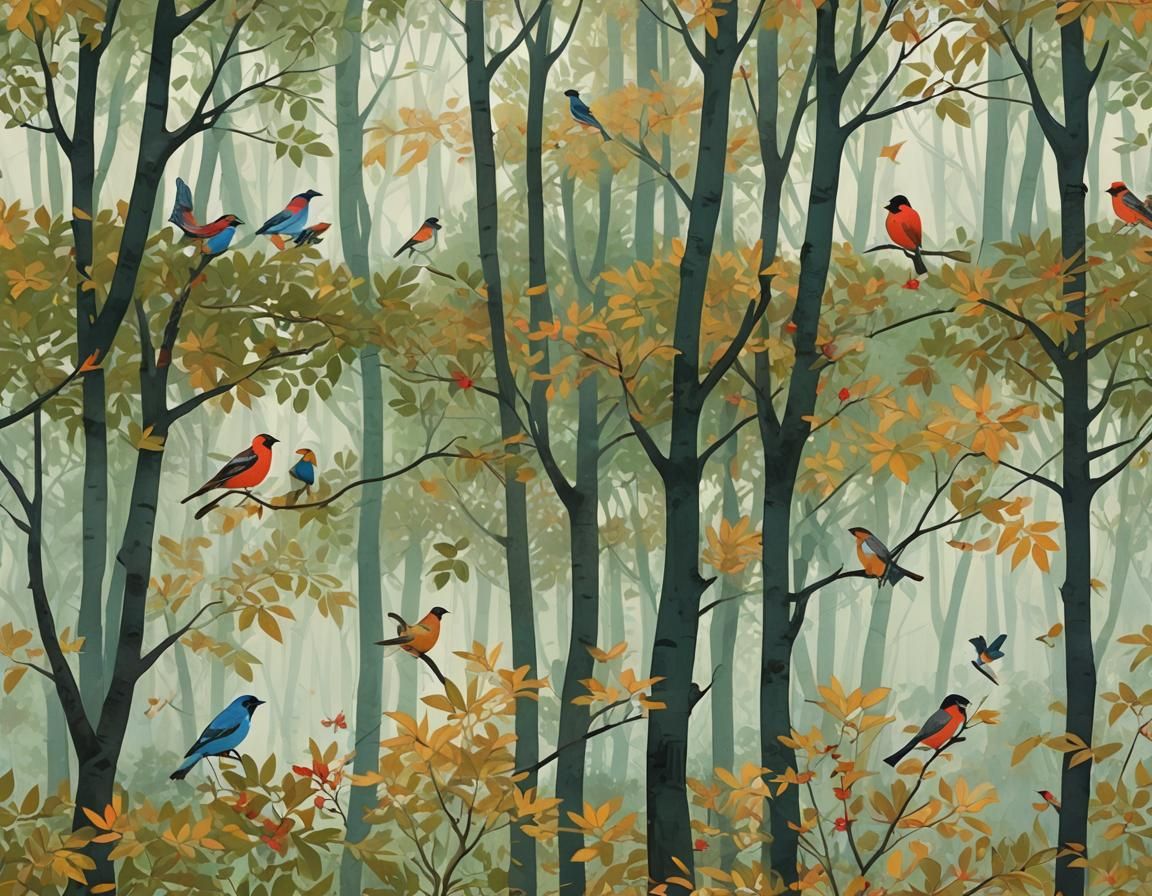 Tranquil Forest Scene with Cheerful Birds