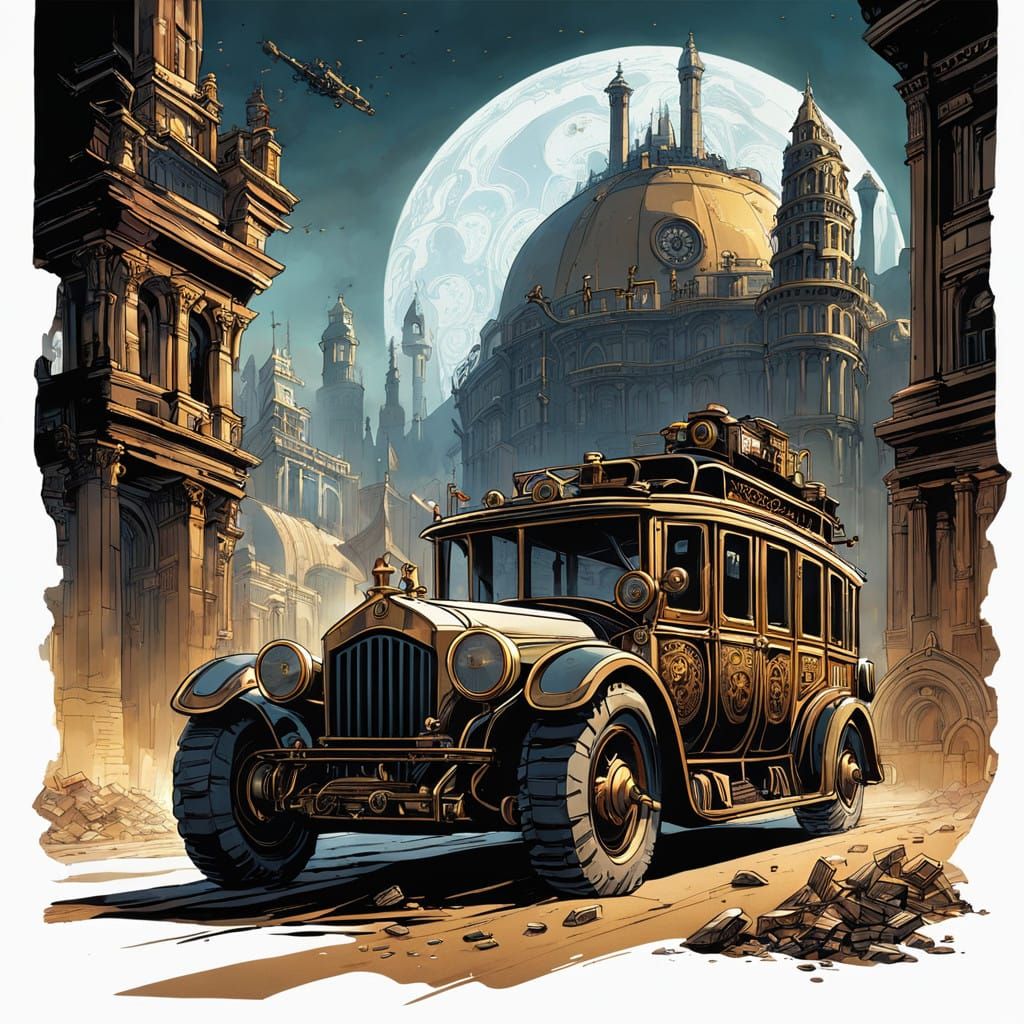 Surreal Steampunk Motor Scene in Golden Hour