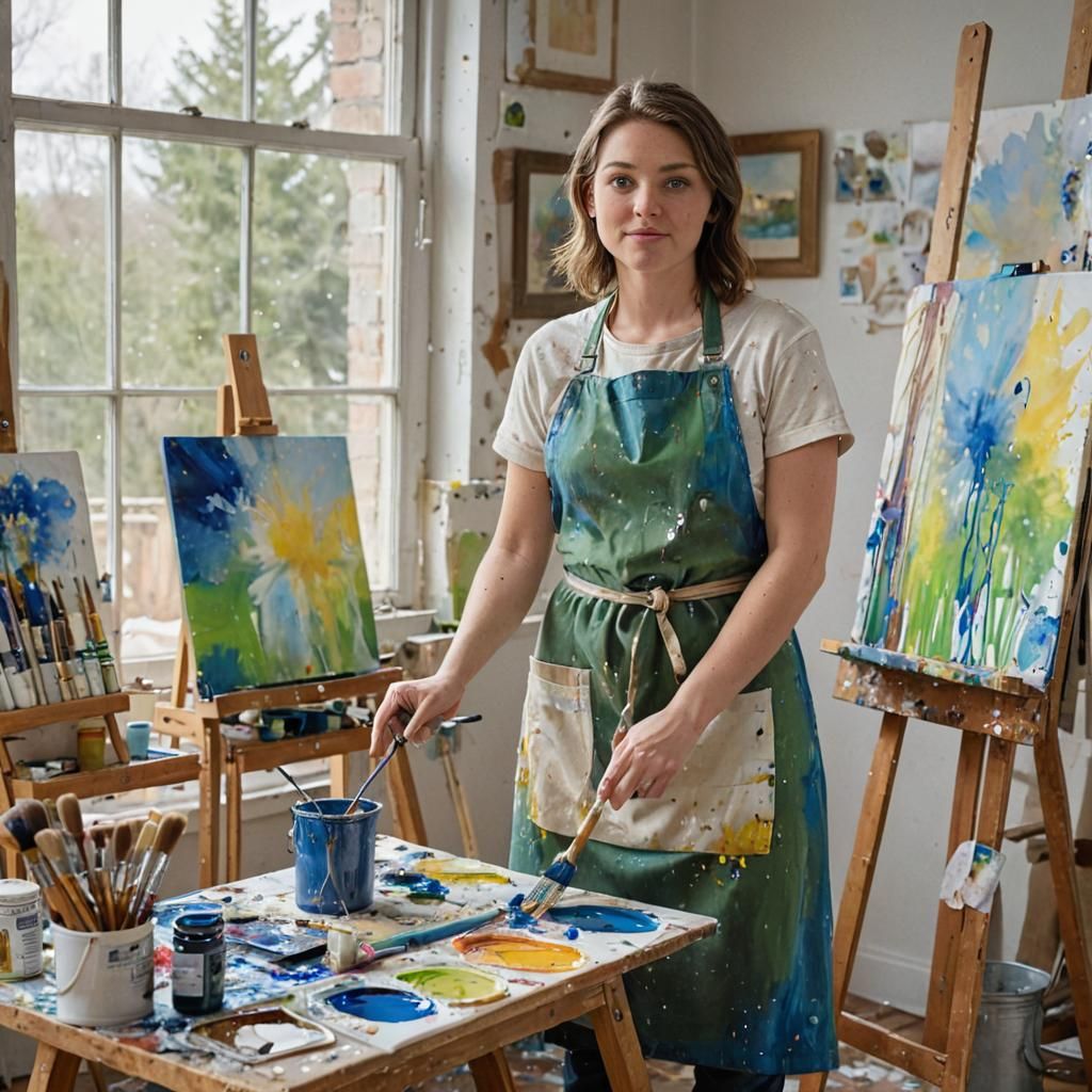 Feline Artist in Studio: Digital Art Dreamscape