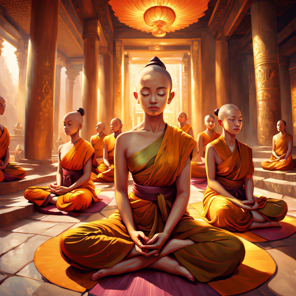 Serene Monk in Lotus Pose, in Vibrant Oil Painting Style